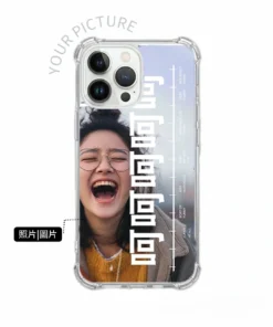 客製化 iPhone 手機殼搞笑設計示意圖，呵呵呵文字排版搭配大笑表情照片，可自由更換照片的透明防摔 iPhone 手機殼