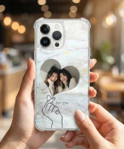 客製化 iPhone 手機殼, 比心愛心大理石紋設計示意圖，照片自由更換照片的透明防