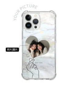 客製化 iPhone 手機殼, 比心愛心大理石紋設計示意圖，照片自由更換照片的透明防