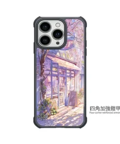 《櫻花暖光玻璃屋》L109 二代鏡頭支架 SnapStand 客製化手機殼，櫻花樹下的玻璃小店街景插畫設計，支援 iPhone 等多款型號，是日系街景風格的手機殼推薦。