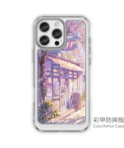 《櫻花暖光玻璃屋》L109 二代鏡頭支架 SnapStand 客製化手機殼，櫻花樹下的玻璃小店街景插畫設計，支援 iPhone 等多款型號，是日系街景風格的手機殼推薦。