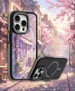 《櫻花暖光玻璃屋》L109 二代鏡頭支架 SnapStand 客製化手機殼，櫻花樹下的玻璃小店街景插畫設計，支援 iPhone 等多款型號，是日系街景風格的手機殼推薦。