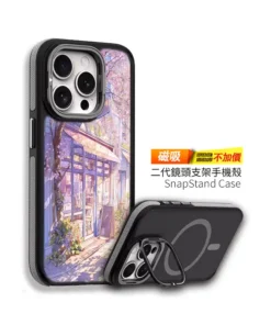 《櫻花暖光玻璃屋》L109 二代鏡頭支架 SnapStand 客製化手機殼，櫻花樹下的玻璃小店街景插畫設計，支援 iPhone 等多款型號，是日系街景風格的手機殼推薦。