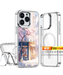 《櫻花暖光玻璃屋》L109 二代鏡頭支架 SnapStand 客製化手機殼,櫻花樹下的玻璃小店街景插畫設計,支援 iPhone 等多款型號,是日系街景風格的手機殼推薦。