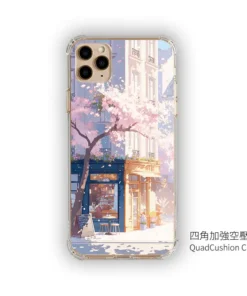 《櫻花暖光玻璃屋》L109 二代鏡頭支架 SnapStand 客製化手機殼,櫻花樹下的玻璃小店街景插畫設計,支援 iPhone 等多款型號,是日系街景風格的手機殼推薦。