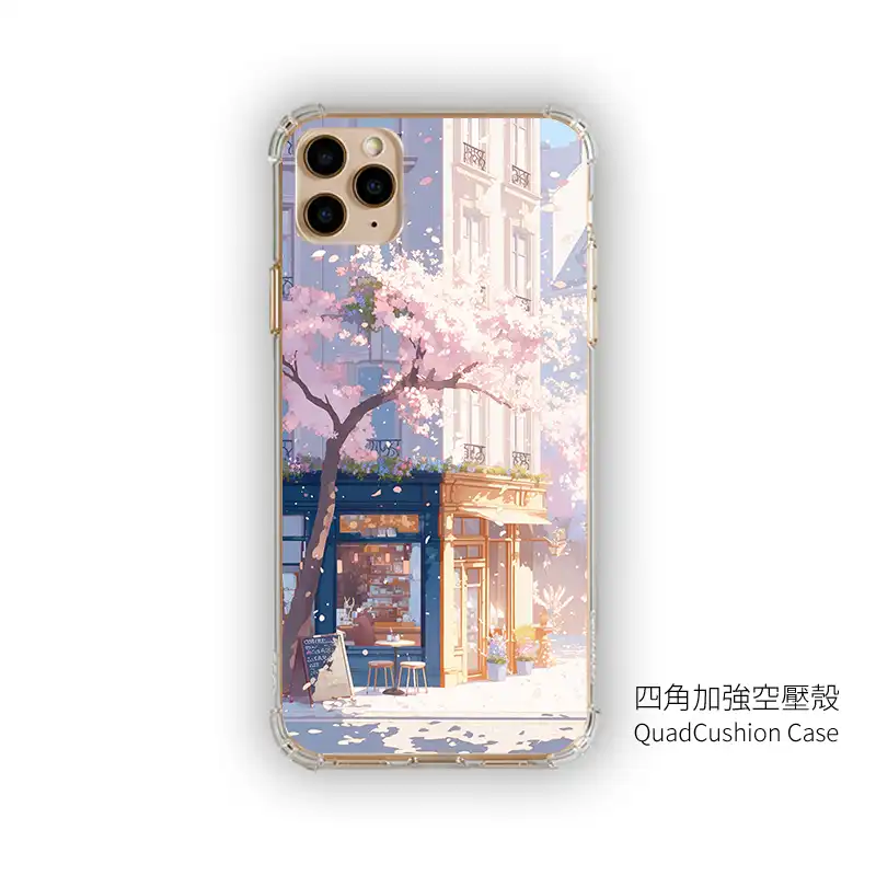 櫻花黃昏書店L110|客製化手機殼手機殼推薦iPhone手機殼手機保護殼千種型號支援 2 | 創意PP熊|客製化手機殼專家 《櫻花暖光玻璃屋》L109 二代鏡頭支架 SnapStand 客製化手機殼,櫻花樹下的玻璃小店街景插畫設計,支援 iPhone 等多款型號,是日系街景風格的手機殼推薦。