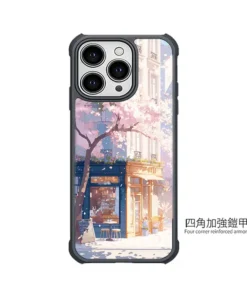 《櫻花暖光玻璃屋》L109 二代鏡頭支架 SnapStand 客製化手機殼,櫻花樹下的玻璃小店街景插畫設計,支援 iPhone 等多款型號,是日系街景風格的手機殼推薦。