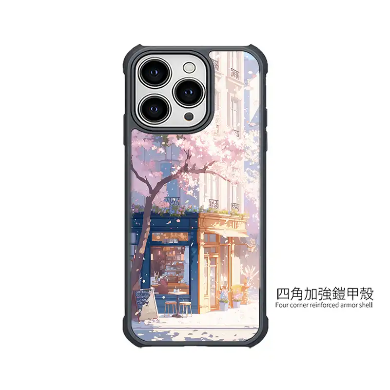 櫻花黃昏書店L110|客製化手機殼手機殼推薦iPhone手機殼手機保護殼千種型號支援 3 | 創意PP熊|客製化手機殼專家 《櫻花暖光玻璃屋》L109 二代鏡頭支架 SnapStand 客製化手機殼,櫻花樹下的玻璃小店街景插畫設計,支援 iPhone 等多款型號,是日系街景風格的手機殼推薦。