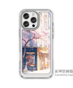 《櫻花暖光玻璃屋》L109 二代鏡頭支架 SnapStand 客製化手機殼,櫻花樹下的玻璃小店街景插畫設計,支援 iPhone 等多款型號,是日系街景風格的手機殼推薦。