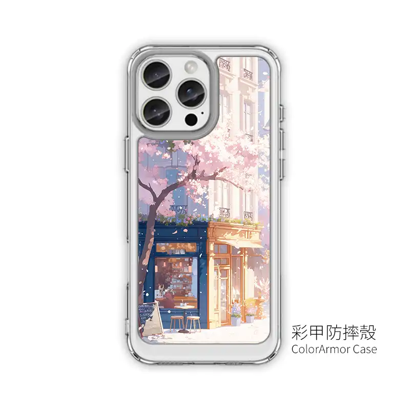 櫻花黃昏書店L110|客製化手機殼手機殼推薦iPhone手機殼手機保護殼千種型號支援 4 | 創意PP熊|客製化手機殼專家 《櫻花暖光玻璃屋》L109 二代鏡頭支架 SnapStand 客製化手機殼,櫻花樹下的玻璃小店街景插畫設計,支援 iPhone 等多款型號,是日系街景風格的手機殼推薦。
