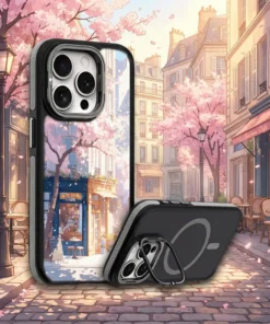 《櫻花暖光玻璃屋》L109 二代鏡頭支架 SnapStand 客製化手機殼，櫻花樹下的玻璃小店街景插畫設計，支援 iPhone 等多款型號，是日系街景風格的手機殼推薦。