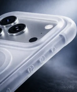 Close-up of a smartphone's triple camera setup inside a clear case against a dark background, showcasing the lenses and sensor cutouts.