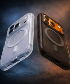 Two protective iPhone cases, one white and one black, with circular back pads, floating against a blue‑orange gradient.