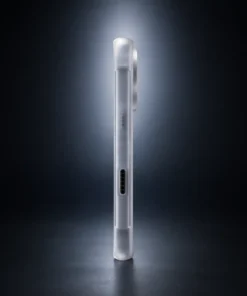 Vertical, transparent vape pen shown in profile, standing on a reflective surface with a soft backlight behind it.