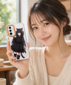 Smiling young woman in a cozy sweater holding a smartphone with a clear case displaying a black-haired anime girl illustration.