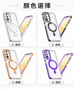 四款透明手機殼顏色選項：透明、黑框透明、橙框透明、紫框透明，背面有圓形支架。屏幕與機身佈局清晰。