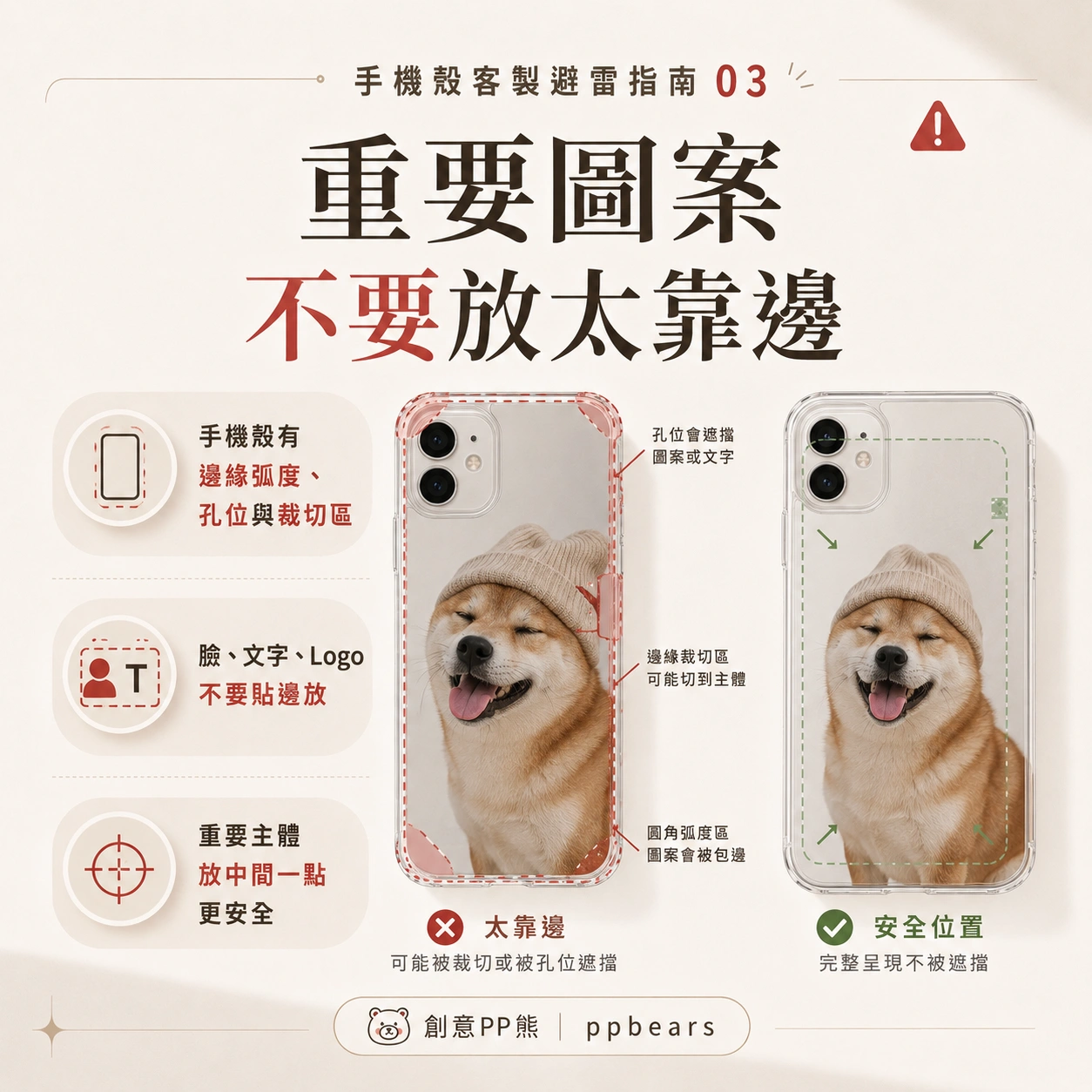 教導手機殼圖案安全放置：不要讓重要圖案靠近邊緣，左示範被裁切，右示範完整可見。