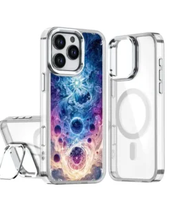 Clear iPhone case with built-in ring stand and camera protection, shown around a phone with colorful space-themed artwork on the back.