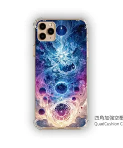 Protective phone case with a vivid space-art design in blue and purple tones, featuring reinforced corner guards on a white background.