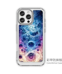 Transparent iPhone case with a vivid space-inspired artwork showing planets, galaxies, and white geometric motifs; labeled ColorArmor Case.