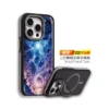 SnapStand case for iPhone with a space galaxy design and built-in kickstand, shows triple-camera cutout and rugged frame.