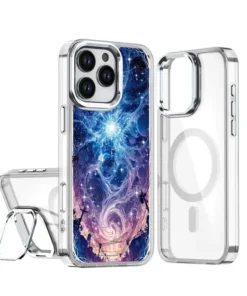 Clear iPhone case with blue galaxy design and circular ring stand on the back, shown from multiple angles.