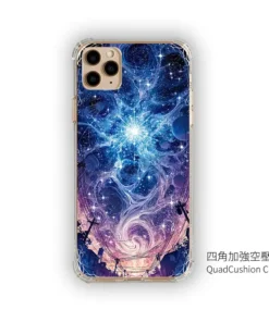 Protective phone case with a blue–purple space swirl design and clear bumper for a triple-camera iPhone, displaying the 'QuadCushion Case' branding at bottom-right