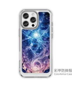 Clear phone case with a blue‑purple galaxy swirl design for an iPhone, highlighting the triple‑lens camera. ColorArmor Case branding shown in the corner on white background.
