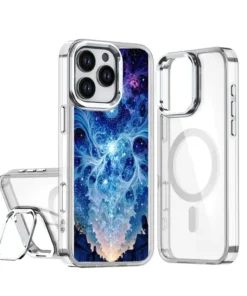 Clear protective phone case with triple-camera cutout and space wallpaper on the screen.