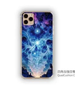 Clear bumper phone case featuring a blue-purple galaxy/nebula design with stars and a city silhouette at the bottom, labeled QuadCushion Case (四角加强空壓殼).