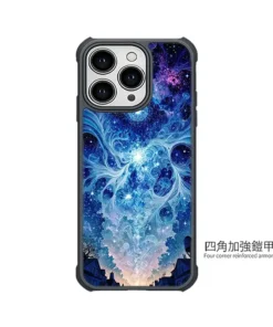Phone case with reinforced four-corner armor shell, blue cosmic galaxy design, and a triple-camera cutout.
