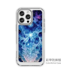iPhone in a clear protective case featuring a blue galaxy artwork; corner text reads 'ColorArmor Case' with Chinese characters.