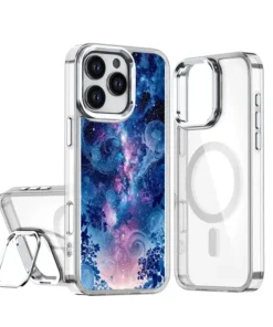 Transparent clear protective phone case with metal bumper and rear ring holder for an iPhone with triple-camera layout, showing both back and side views in the image.