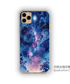 Phone case with a blue galaxy design and clear bumper corners, captioned 'Quad Cushion Case' in the corner.
