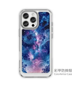 Clear protective phone case with a blue‑pink galaxy design and a triple‑lens camera cutout for a smartphone, showing the ColorArmor brand text nearby.
