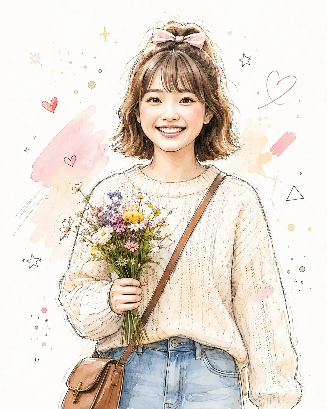 Smiling young woman with a beige sweater, blue jeans, and a brown crossbody bag holding a bouquet of wildflowers; pastel doodles surround her.