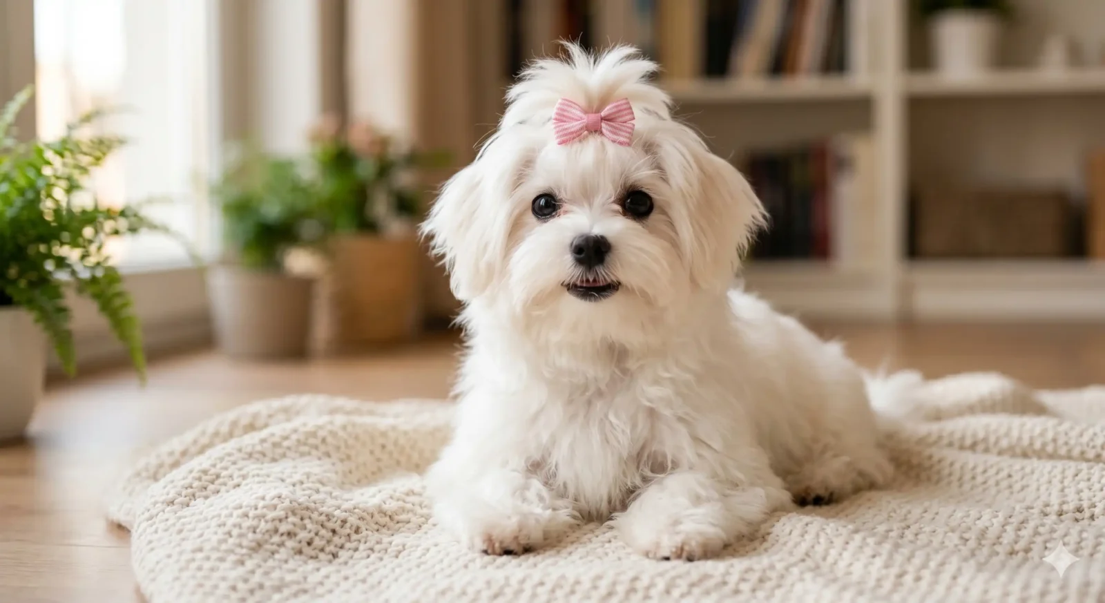 Fluffy white dog wearing a pink bow on its head, lounging on a cream knitted rug indoors in a cozy room.