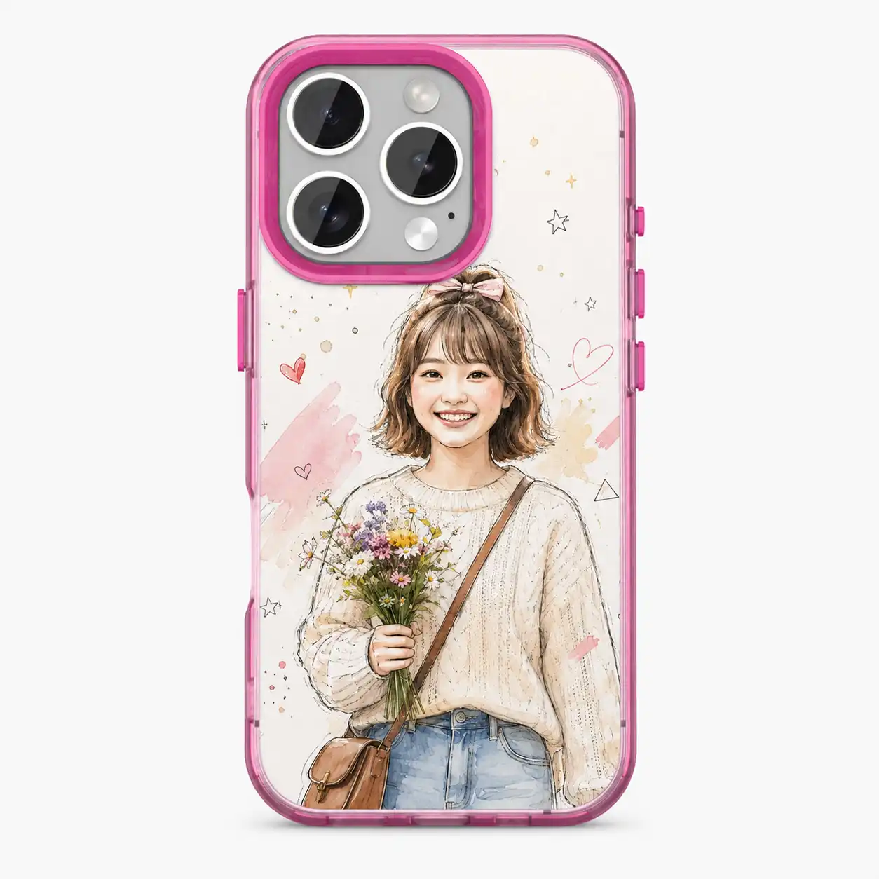 Phone case with pink border featuring a watercolor illustration of a smiling girl holding a bouquet of flowers on a light background.