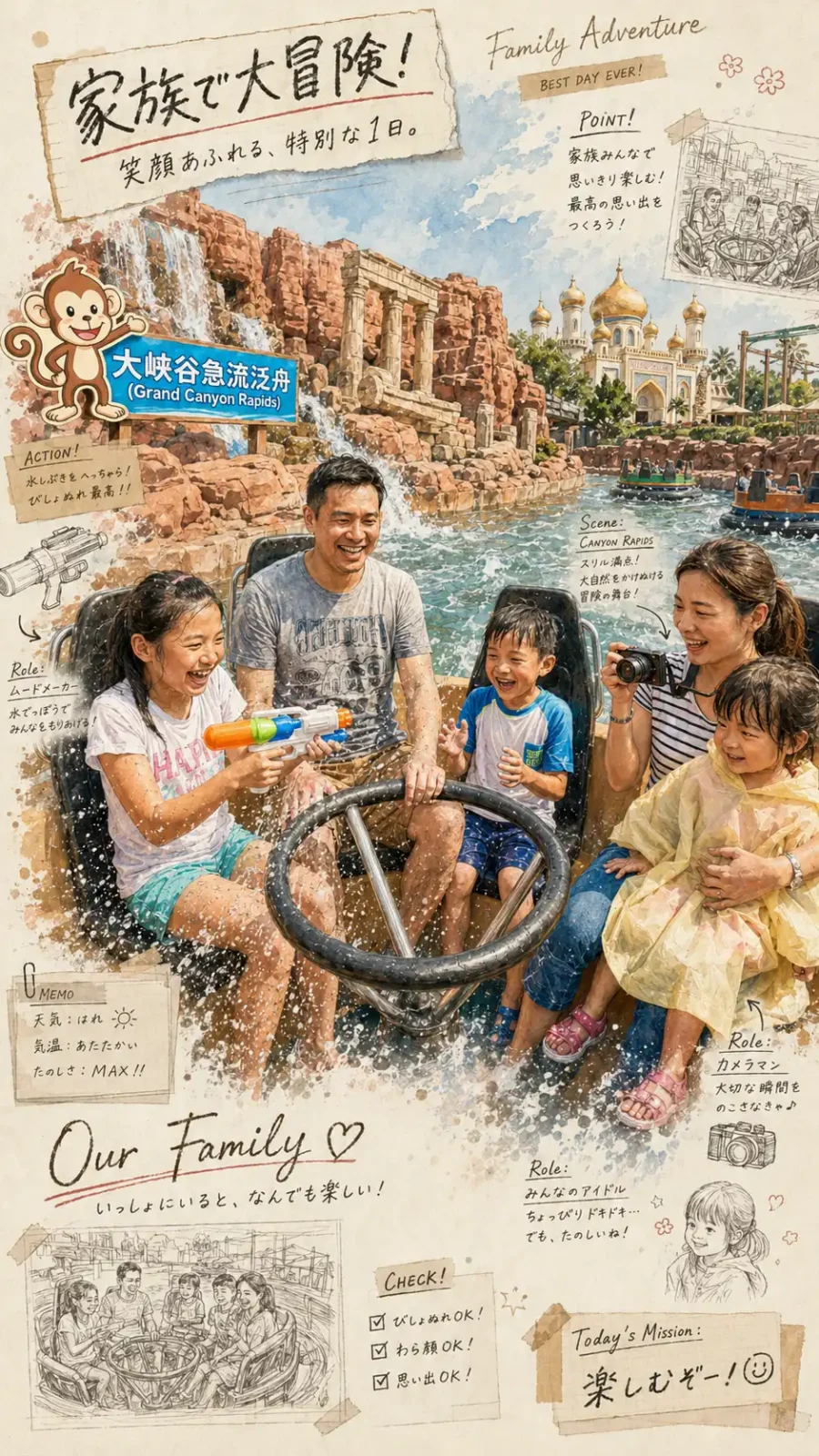 Family of five on a water ride boat, splashing water while smiling, with a colorful illustrated collage background of rocks and temples and handwritten notes around them.