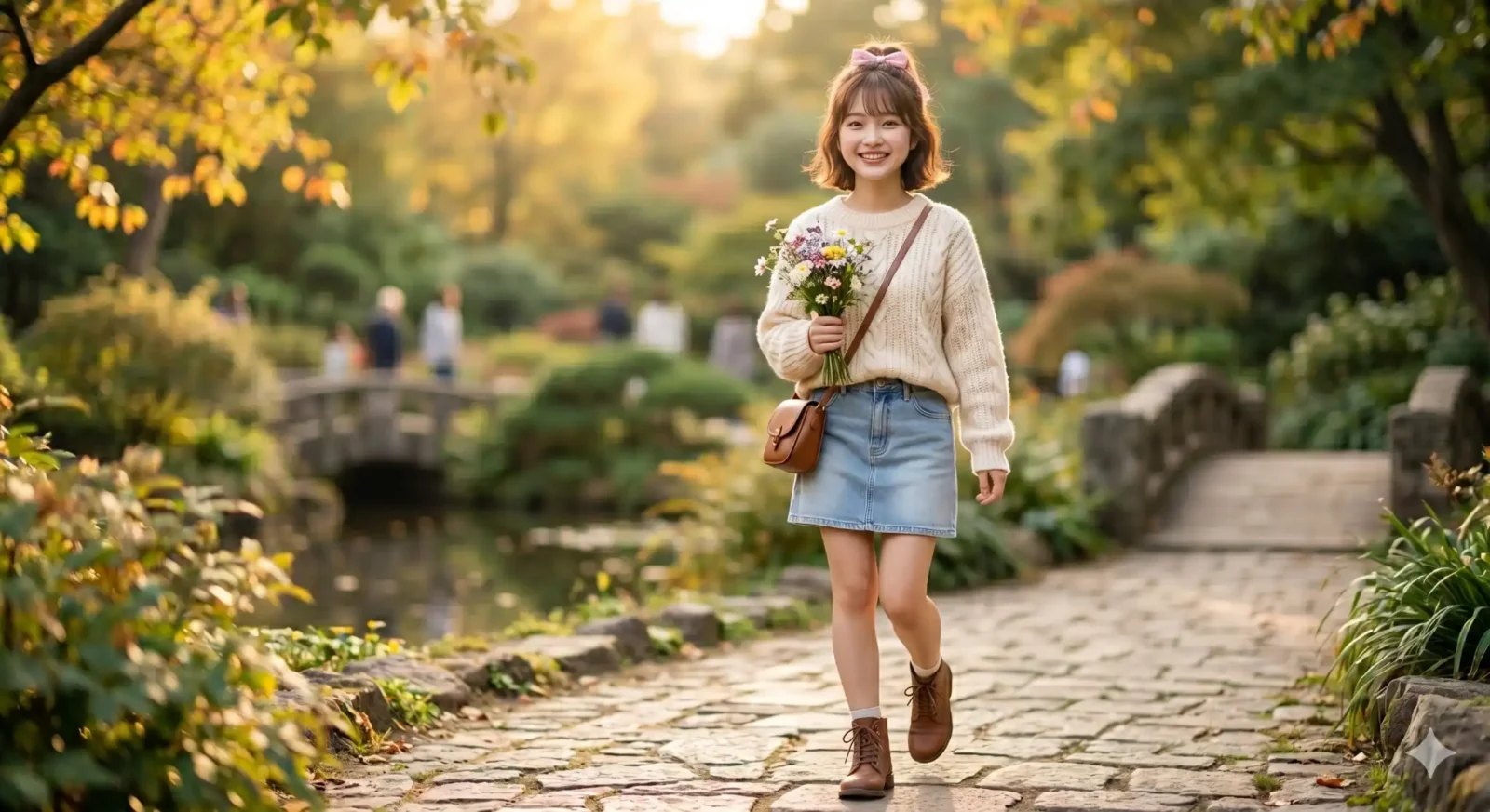 Young woman walking along a sunlit park path, holding a bouquet of wildflowers with a brown crossbody bag.