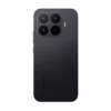 Back view of a dark gray smartphone with a square raised camera module containing four lenses and a flash on the top-left corner of the device's back surface, and the brand name along the side edge