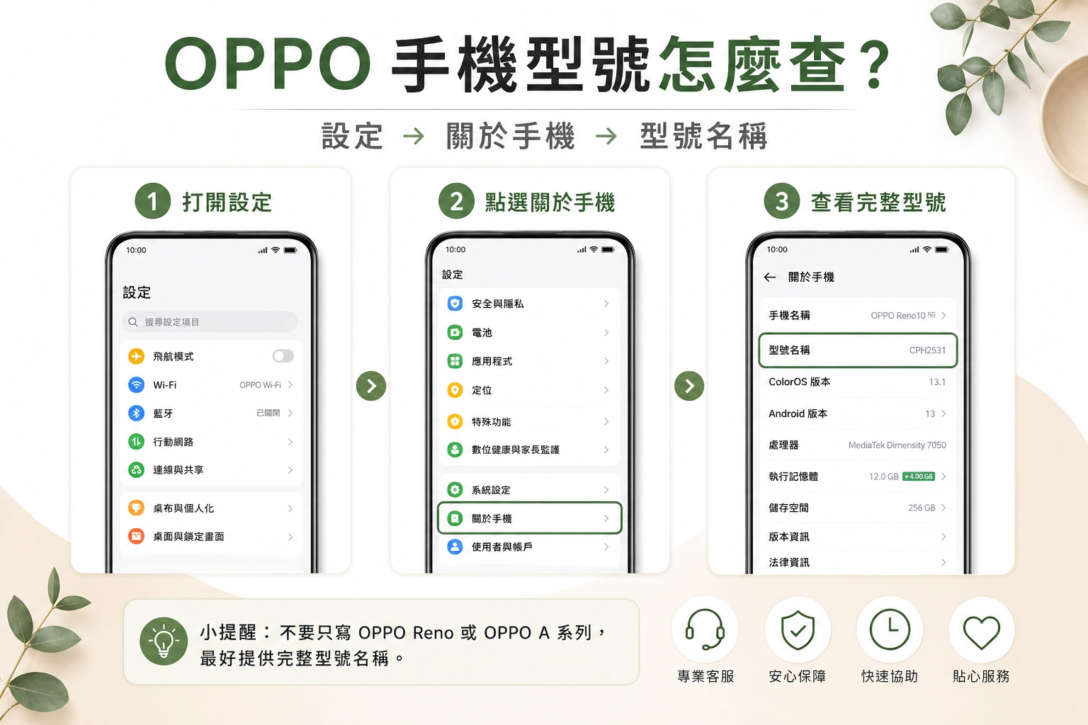 oppo-phone-case-model-guide 3 | 創意PP熊|客製化手機殼專家 OPPO 查找手機型號的三步教學:打開設定、點選關於手機、查看完整型號。常見於教學圖。