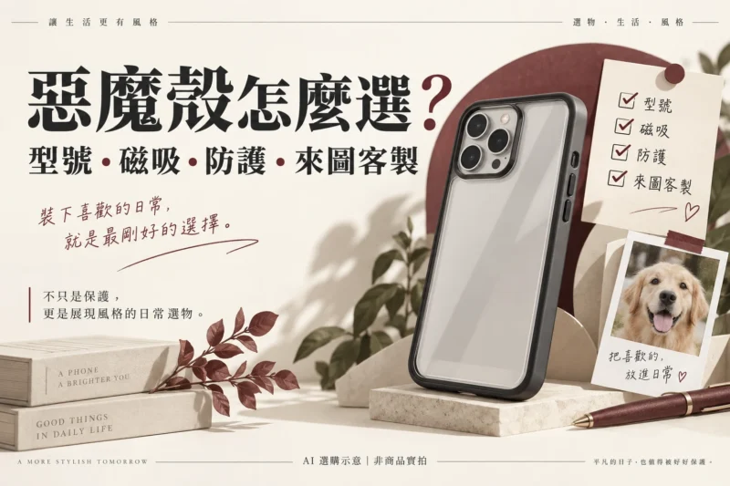 惡魔殼怎麼選：型號、磁吸、防護與來圖客製指南。通用無品牌殼體的 AI 選購示意，非 DEVILCASE 商品實拍。