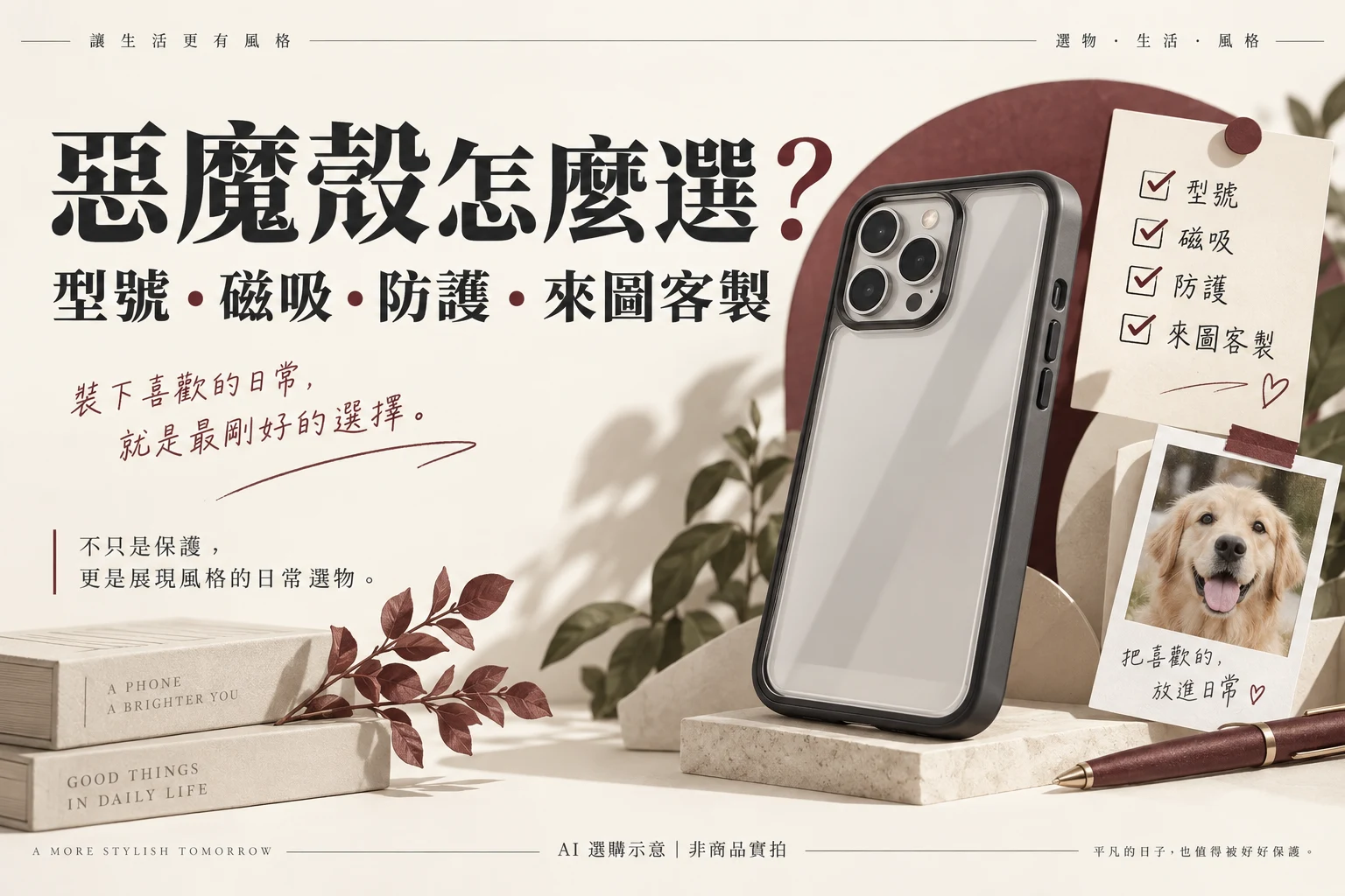 惡魔殼怎麼選：型號、磁吸、防護與來圖客製指南。通用無品牌殼體的 AI 選購示意，非 DEVILCASE 商品實拍。