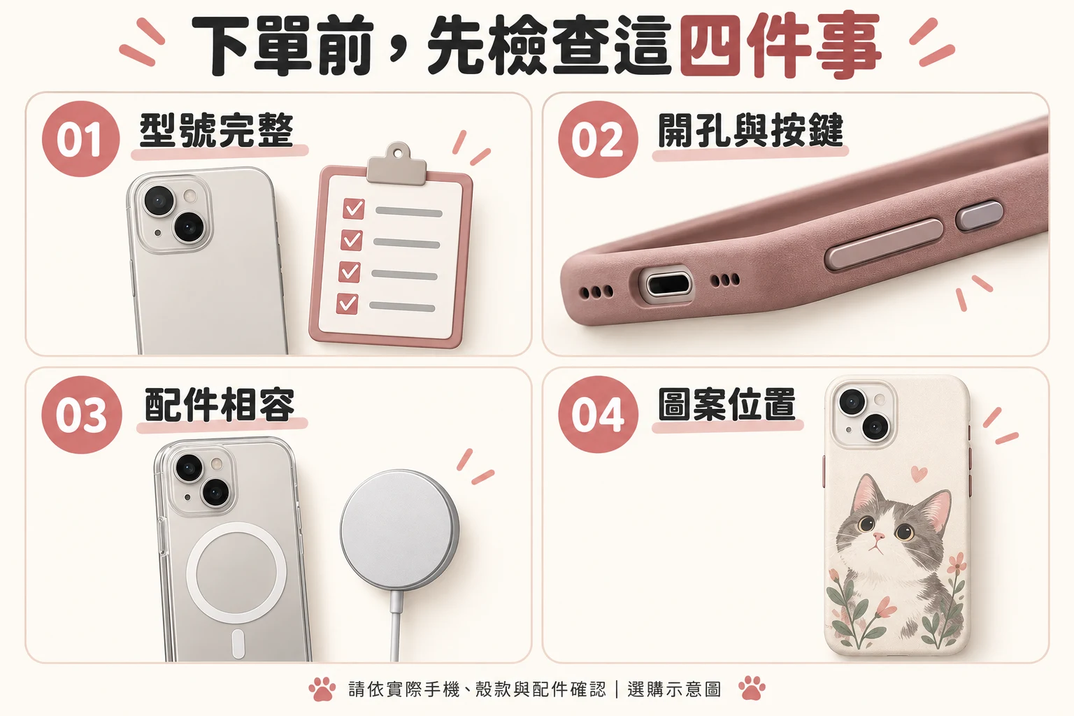 下單前核對完整型號、開孔與按鍵、配件相容及圖案位置;AI 選購示意圖,非實際商品或精確結構圖。