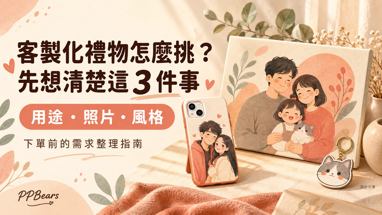 客製化禮物怎麼挑：用途、照片與風格，手機殼、無框畫及鑰匙圈設計示意