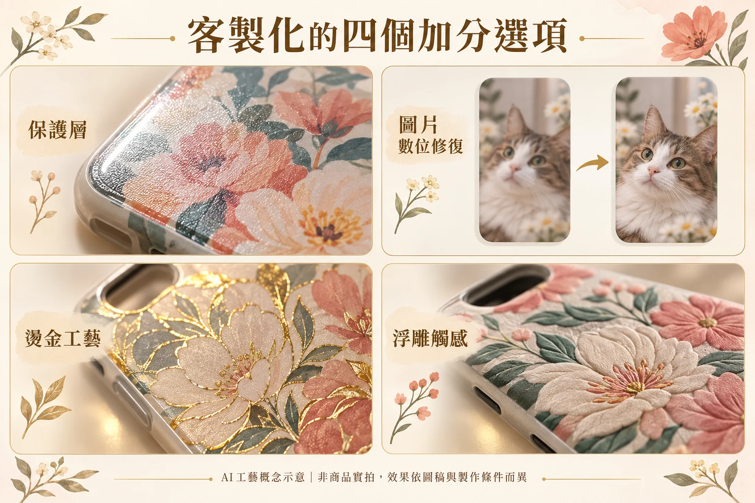 保護層紋理、貓咪圖片修復、金色花紋與浮雕觸感的 AI 工藝概念示意;非商品實拍或真實修復案例,效果依圖稿與製作條件而異