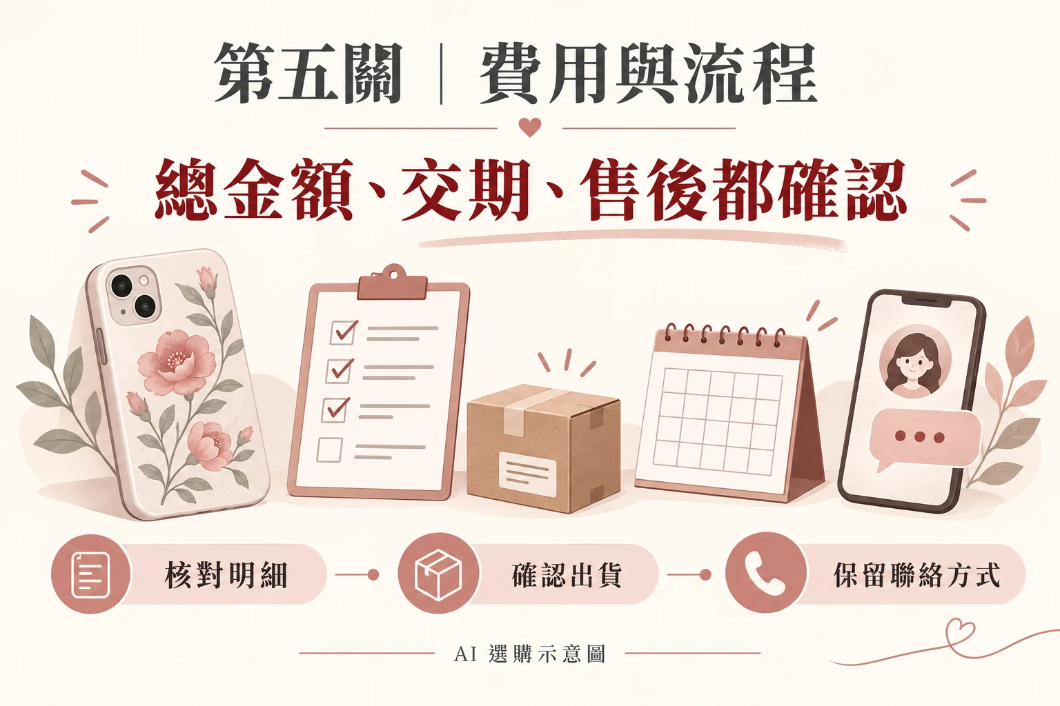 第五關:核對總金額、交期與售後聯絡方式。AI 選購示意圖,非實際訂單或到貨承諾。