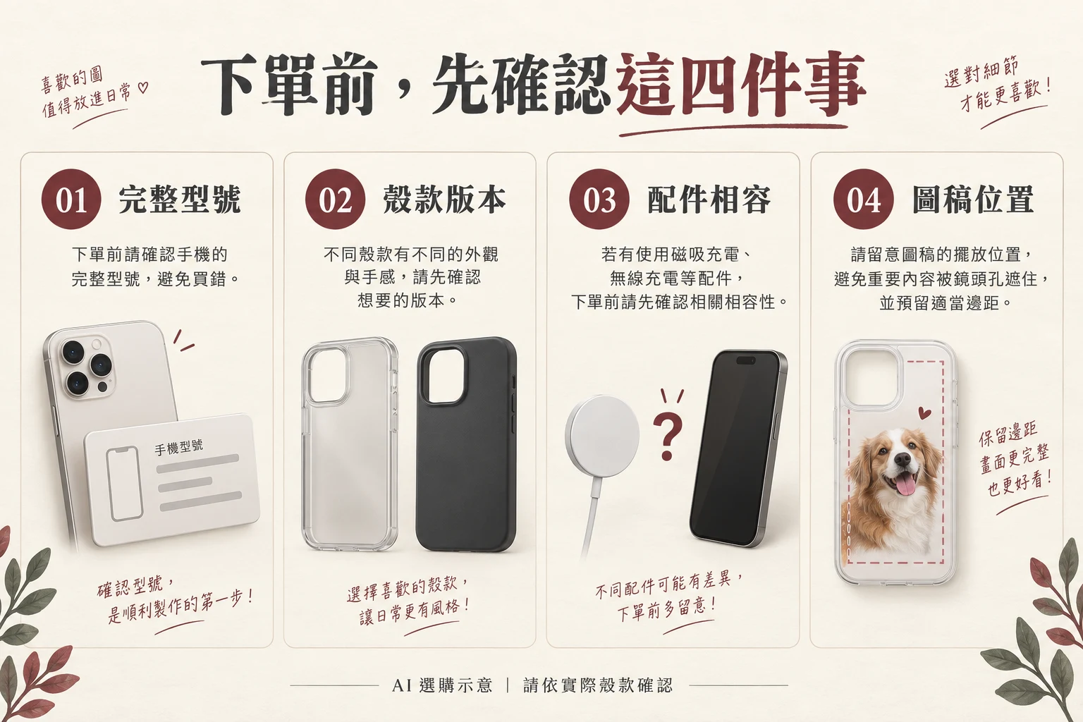 下單前確認完整型號、殼款版本、配件相容與圖稿位置。無品牌 AI 選購示意，非實際商品或相容性測試。