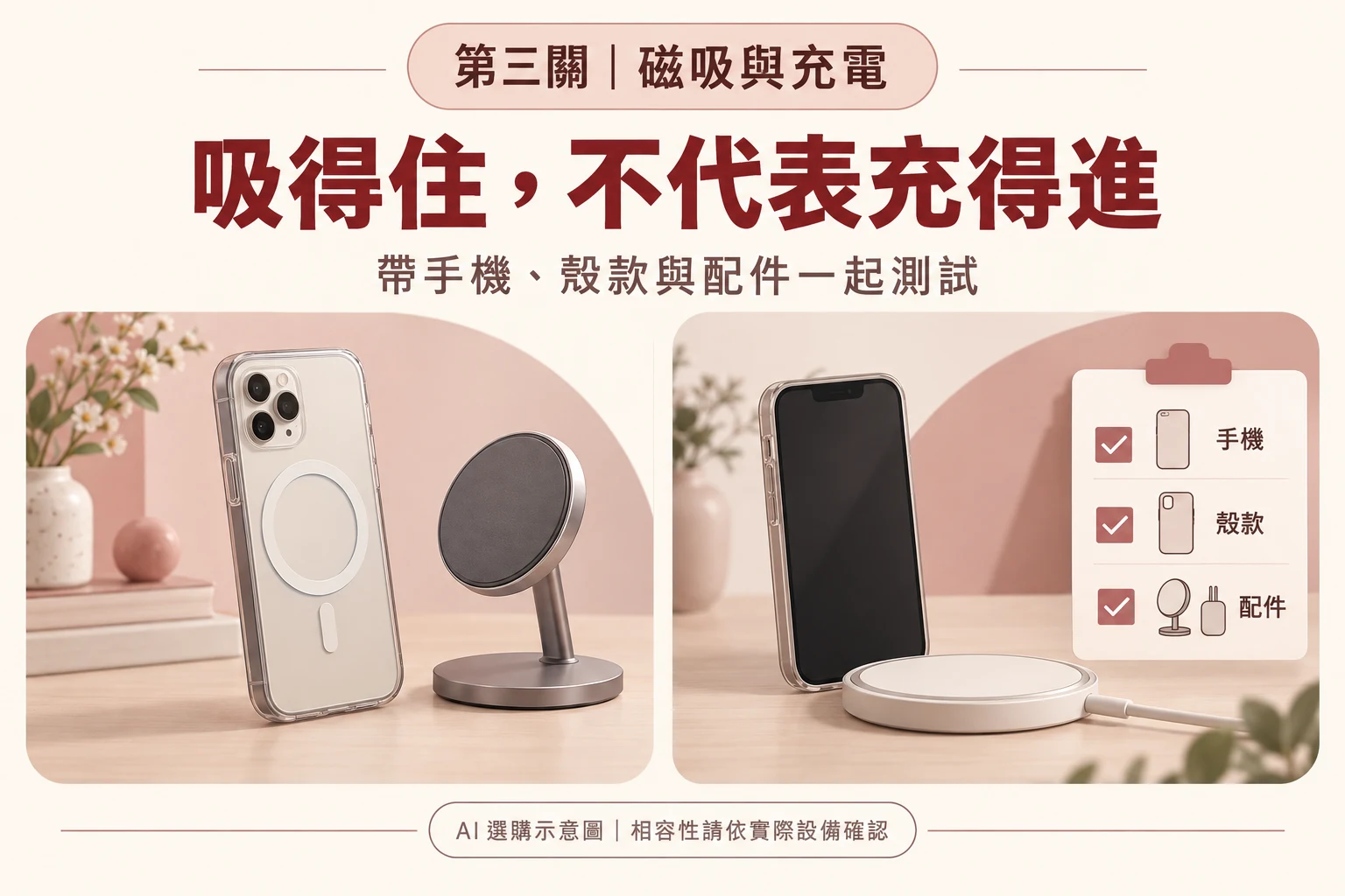 第三關:吸得住不代表充得進,手機、殼款與配件需一起確認。AI 選購示意圖,非相容性測試結果。